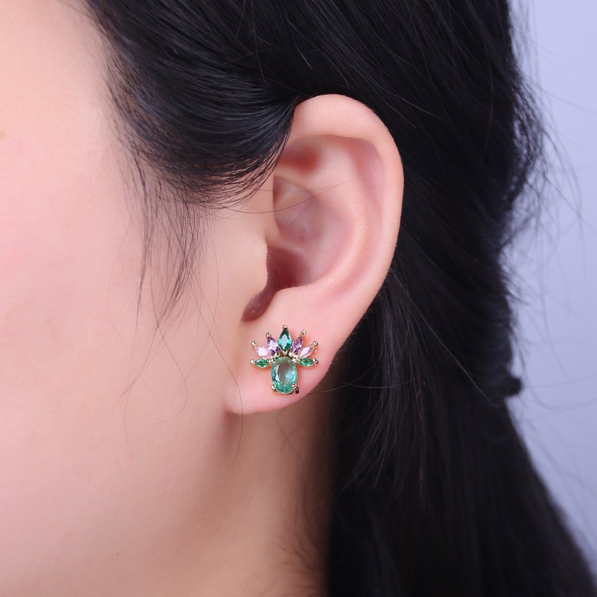 Pineapple Stud Earrings Oval Marquise Cubic Zirconia Women Mint Aqua Green CZ V-114 - DLUXCA