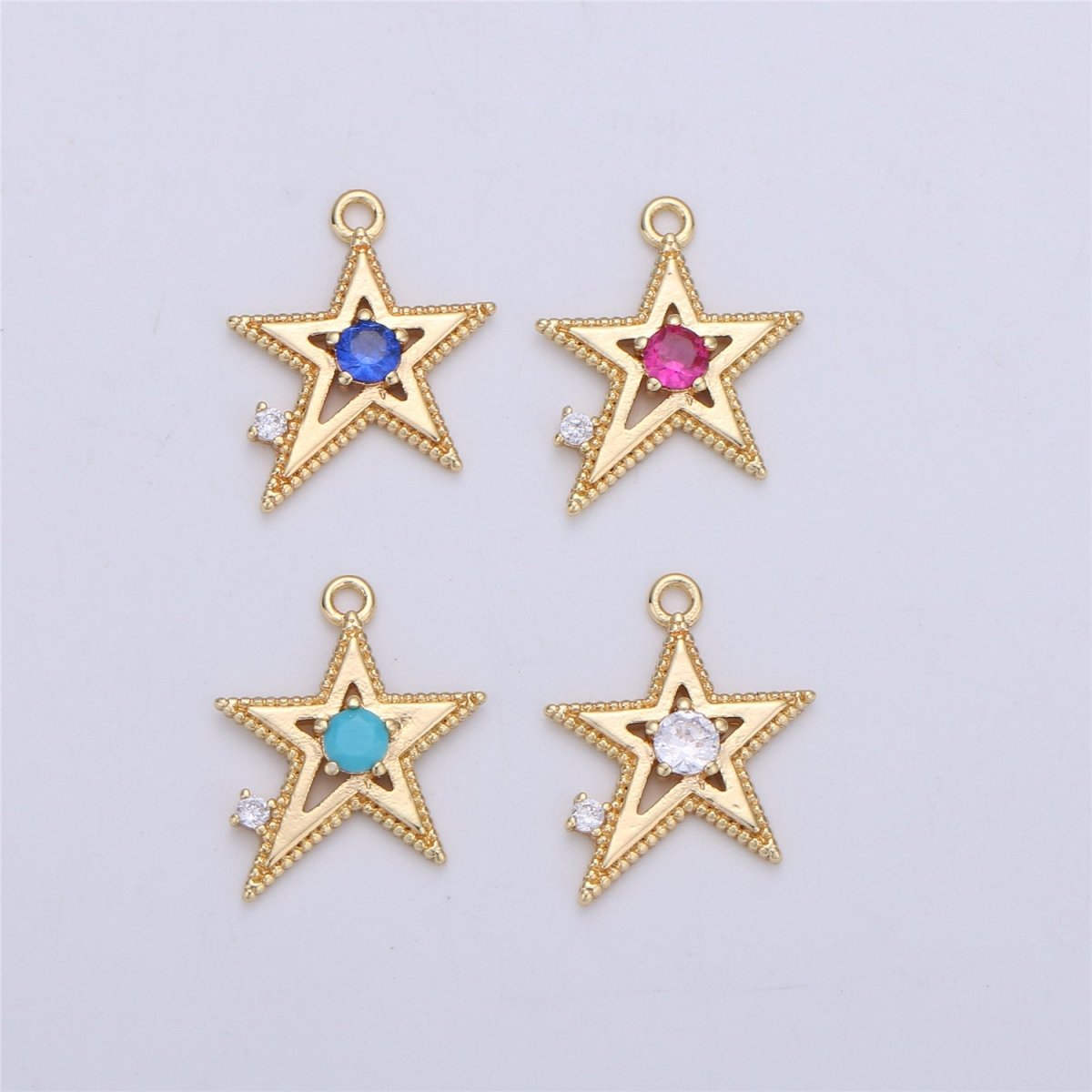 Pink Blue Clear Cubic star charm, 1 piece, 13x16mm 16K gold plated brass, CZ, Nickel free, Rock Star charm for Necklace Earring I-331 - DLUXCA