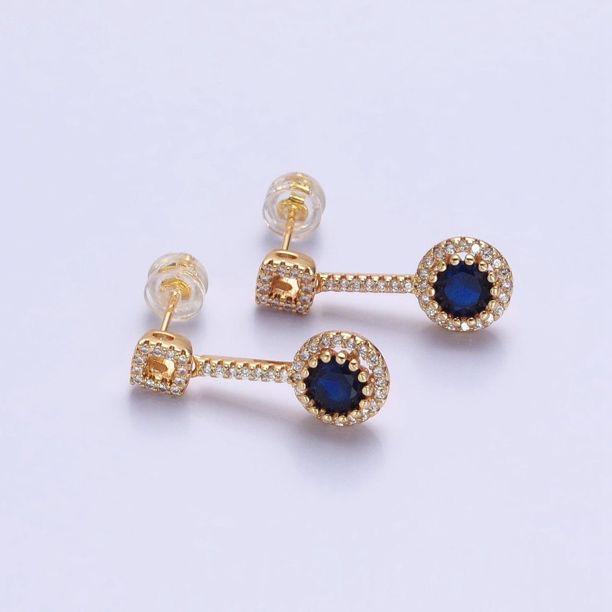 Pink, Clear, Green, Purple, Blue, Fuchsia Round Micro Paved CZ Linear Drop Stud Earrings in Gold & Silver | AB837 - AB848 - DLUXCA