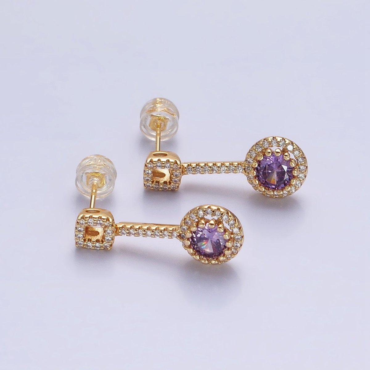 Pink, Clear, Green, Purple, Blue, Fuchsia Round Micro Paved CZ Linear Drop Stud Earrings in Gold & Silver | AB837 - AB848 - DLUXCA