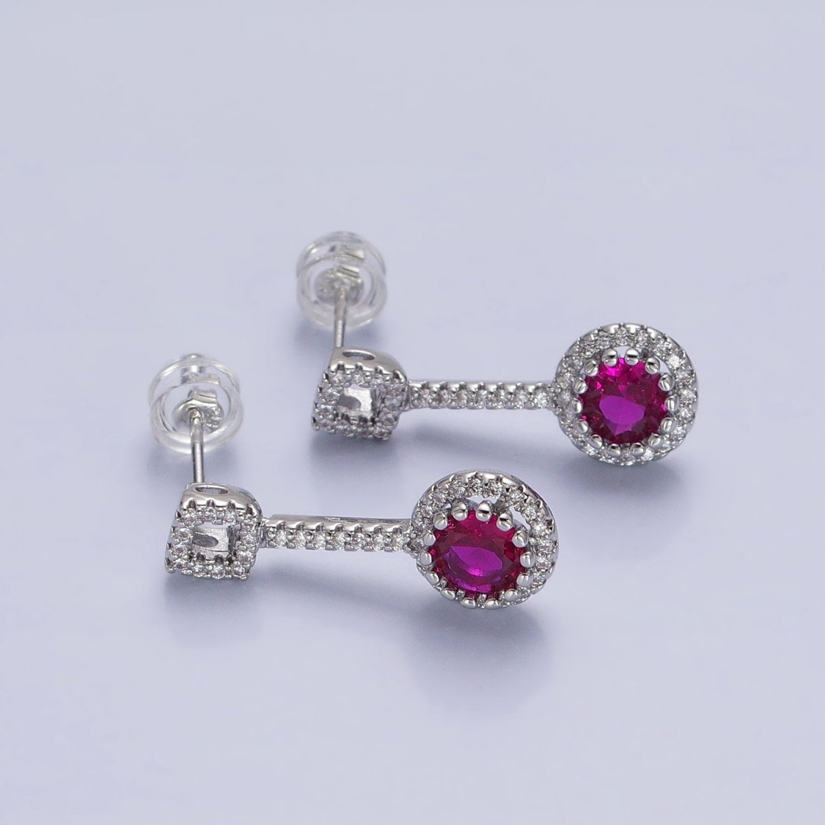 Pink, Clear, Green, Purple, Blue, Fuchsia Round Micro Paved CZ Linear Drop Stud Earrings in Gold & Silver | AB837 - AB848 - DLUXCA