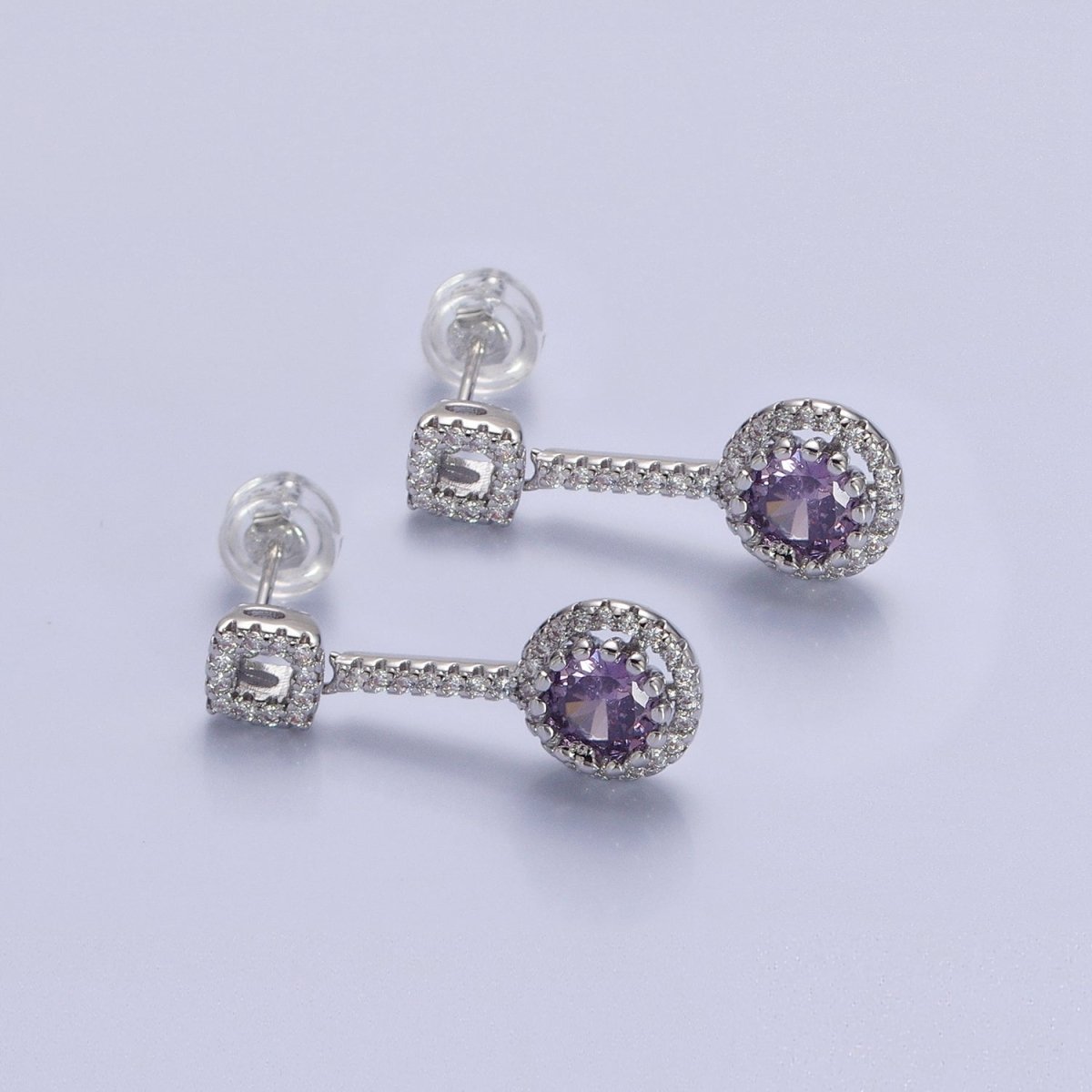 Pink, Clear, Green, Purple, Blue, Fuchsia Round Micro Paved CZ Linear Drop Stud Earrings in Gold & Silver | AB837 - AB848 - DLUXCA