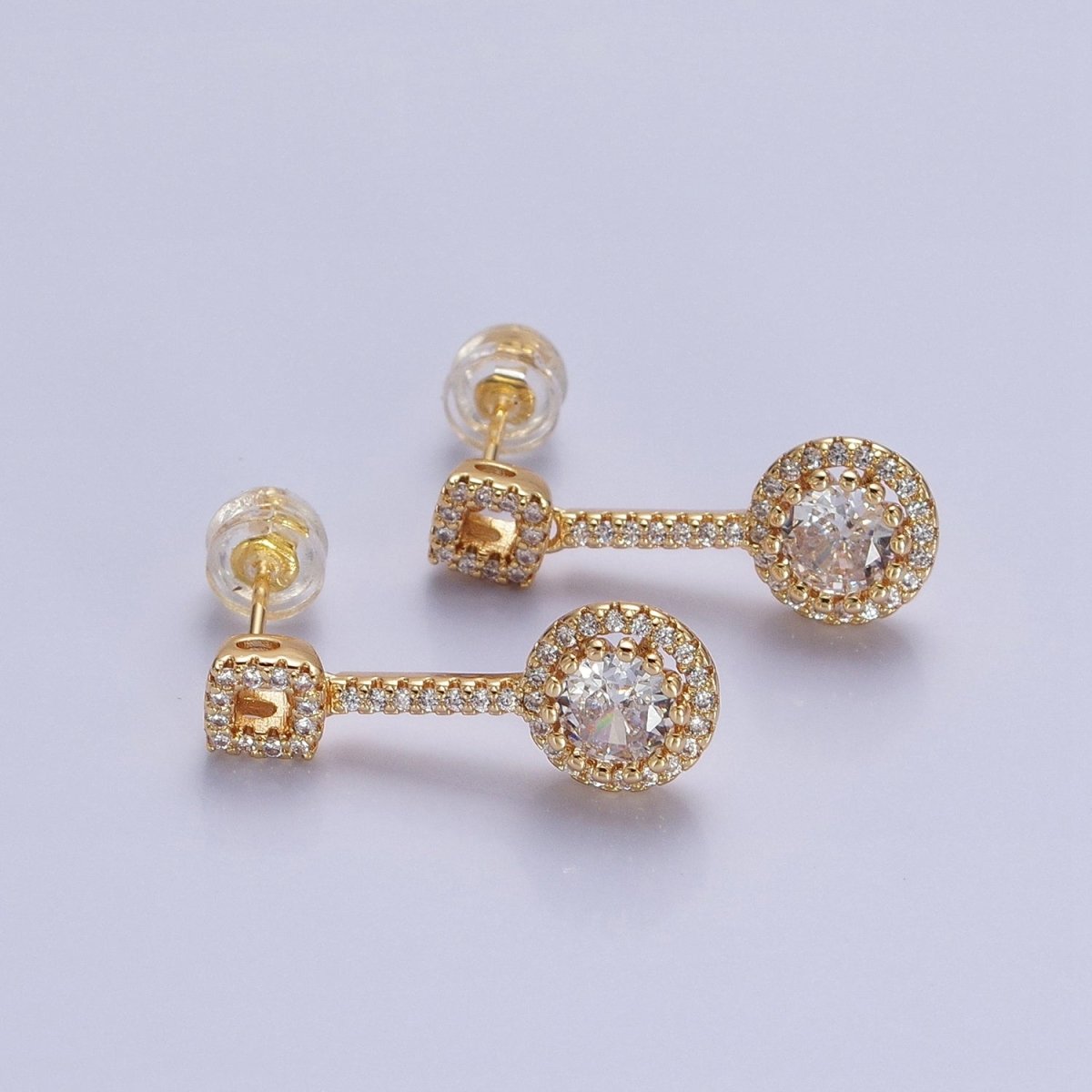 Pink, Clear, Green, Purple, Blue, Fuchsia Round Micro Paved CZ Linear Drop Stud Earrings in Gold & Silver | AB837 - AB848 - DLUXCA