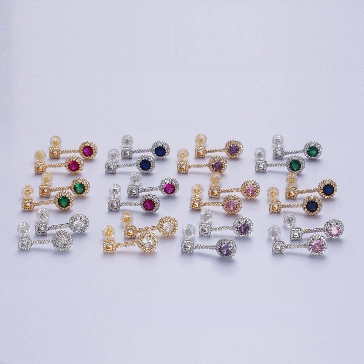 Pink, Clear, Green, Purple, Blue, Fuchsia Round Micro Paved CZ Linear Drop Stud Earrings in Gold & Silver | AB837 - AB848 - DLUXCA