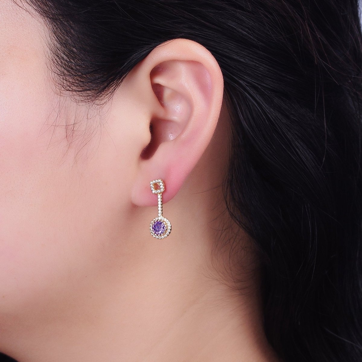 Pink, Clear, Green, Purple, Blue, Fuchsia Round Micro Paved CZ Linear Drop Stud Earrings in Gold & Silver | AB837 - AB848 - DLUXCA