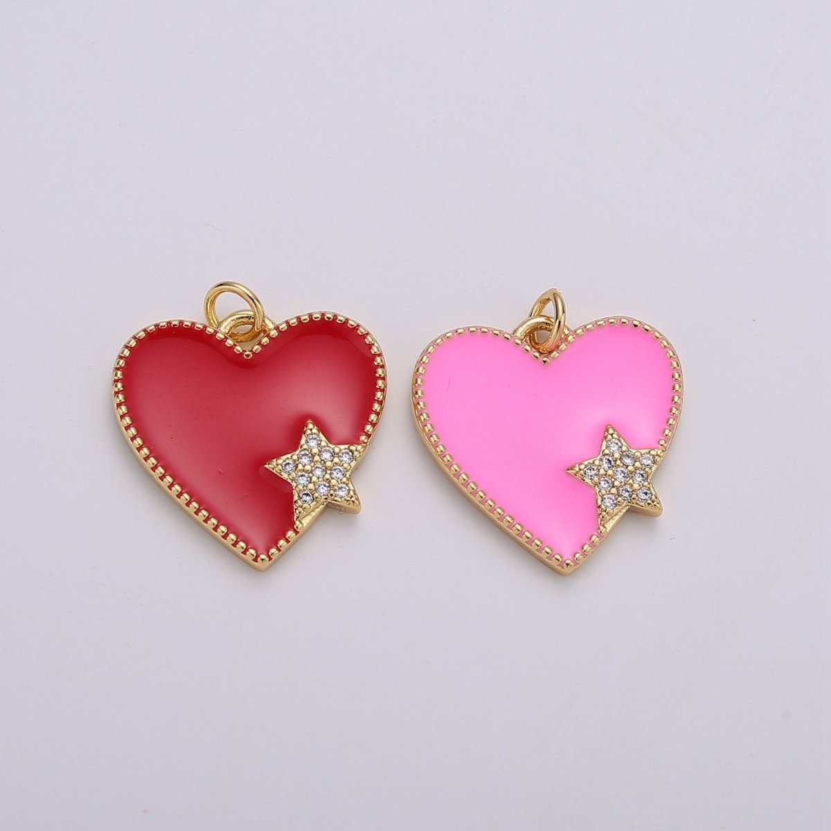 Pink Enamel Heart Charm Pendant, Red Enamel Heart Pendant, 14K gold Filled Star Heart Jewelry Making SupplyC-573 - DLUXCA