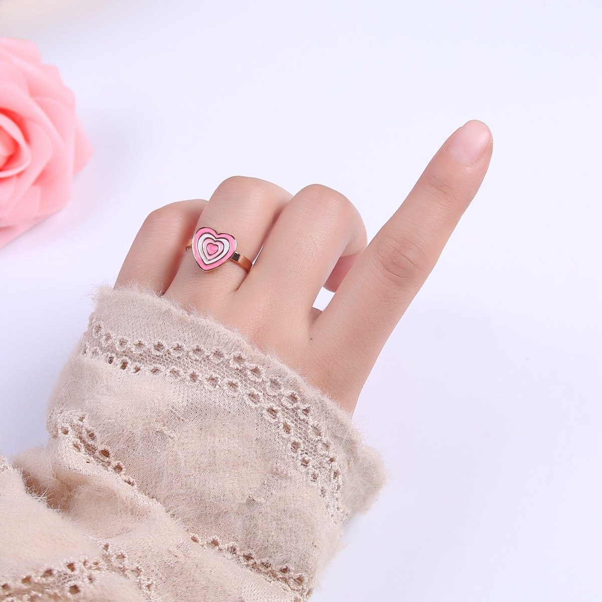 Pink Enamel Heart Ring, You Are Loved For Valentine Jewelry, 24K Gold Filled Love Ring U-471 - DLUXCA