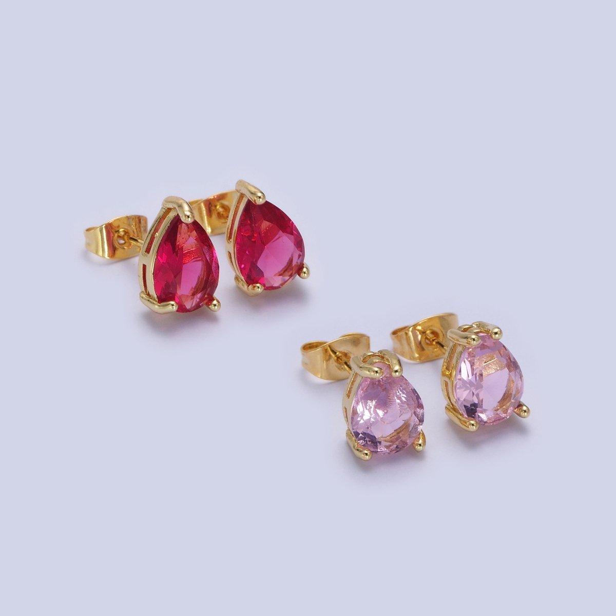 Pink / Fuchsia Teardrop Cubic Zirconia Gold Stud Earrings | X-924 X-25 - DLUXCA
