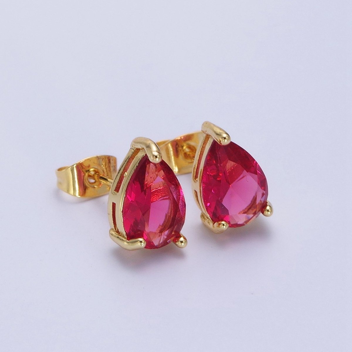 Pink / Fuchsia Teardrop Cubic Zirconia Gold Stud Earrings | X-924 X-25 - DLUXCA