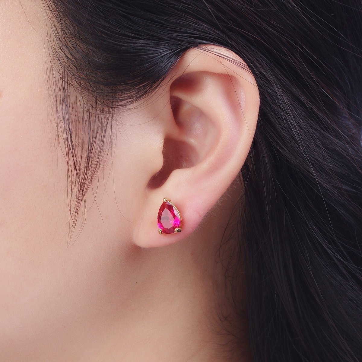 Pink / Fuchsia Teardrop Cubic Zirconia Gold Stud Earrings | X-924 X-25 - DLUXCA