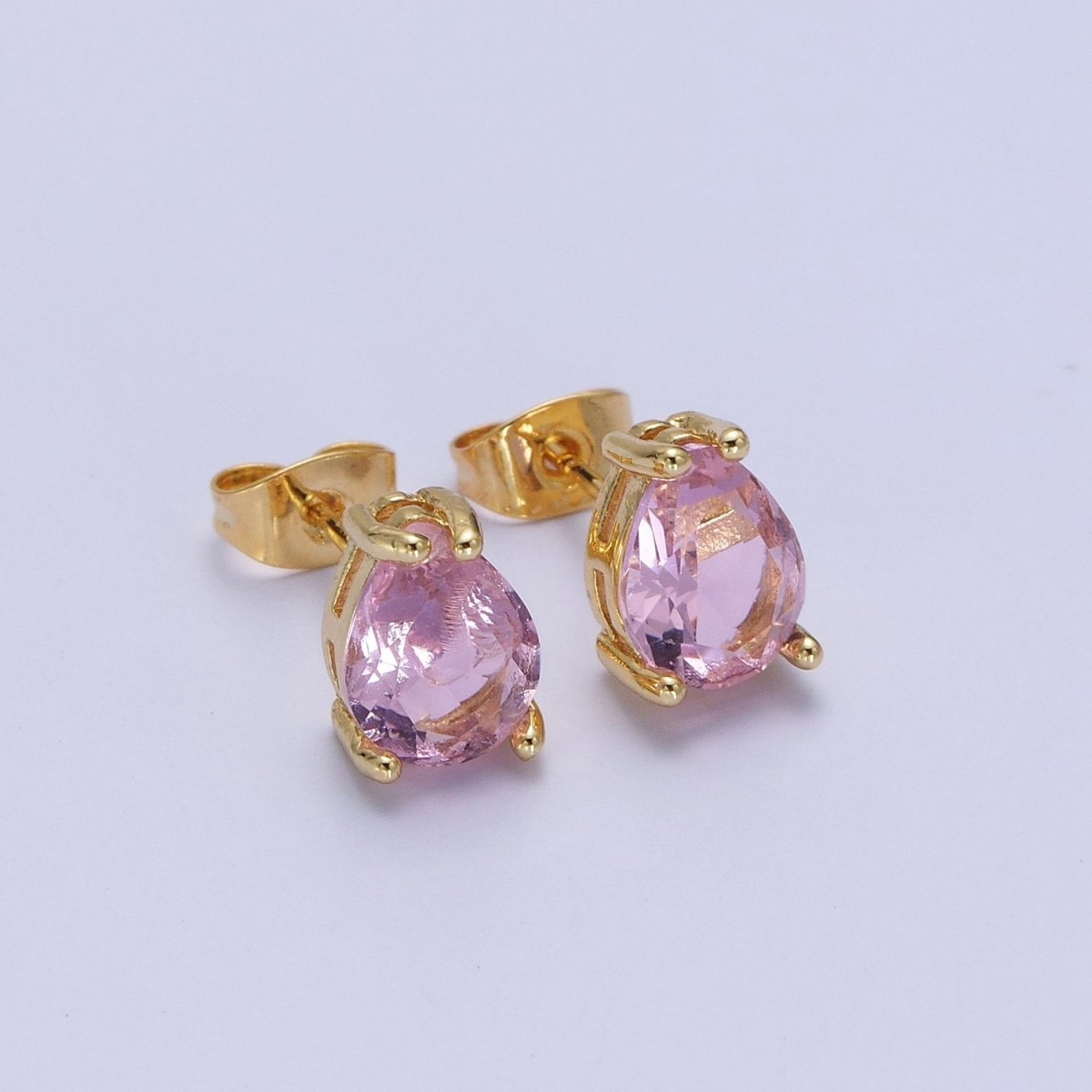 Pink / Fuchsia Teardrop Cubic Zirconia Gold Stud Earrings | X-924 X-25 - DLUXCA