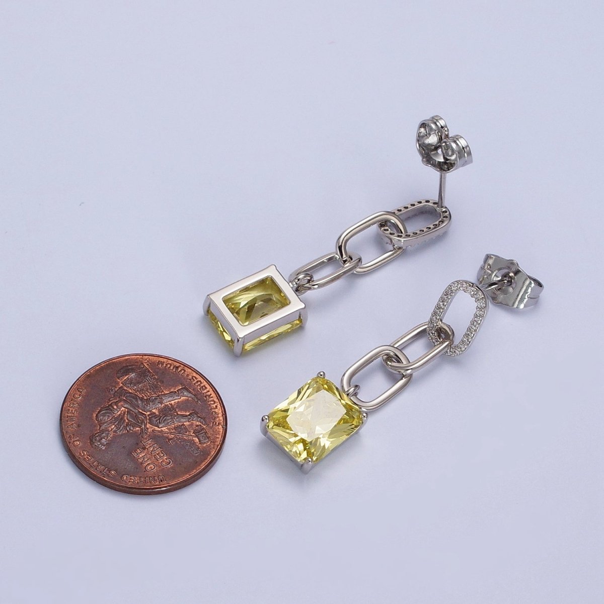 Pink, Green, Yellow, Clear Baguette CZ Paper Clip Drop Silver Stud Earrings | AB216 - AB219 - DLUXCA