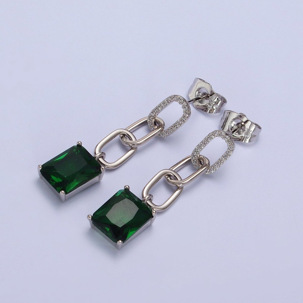 Pink, Green, Yellow, Clear Baguette CZ Paper Clip Drop Silver Stud Earrings | AB216 - AB219 - DLUXCA