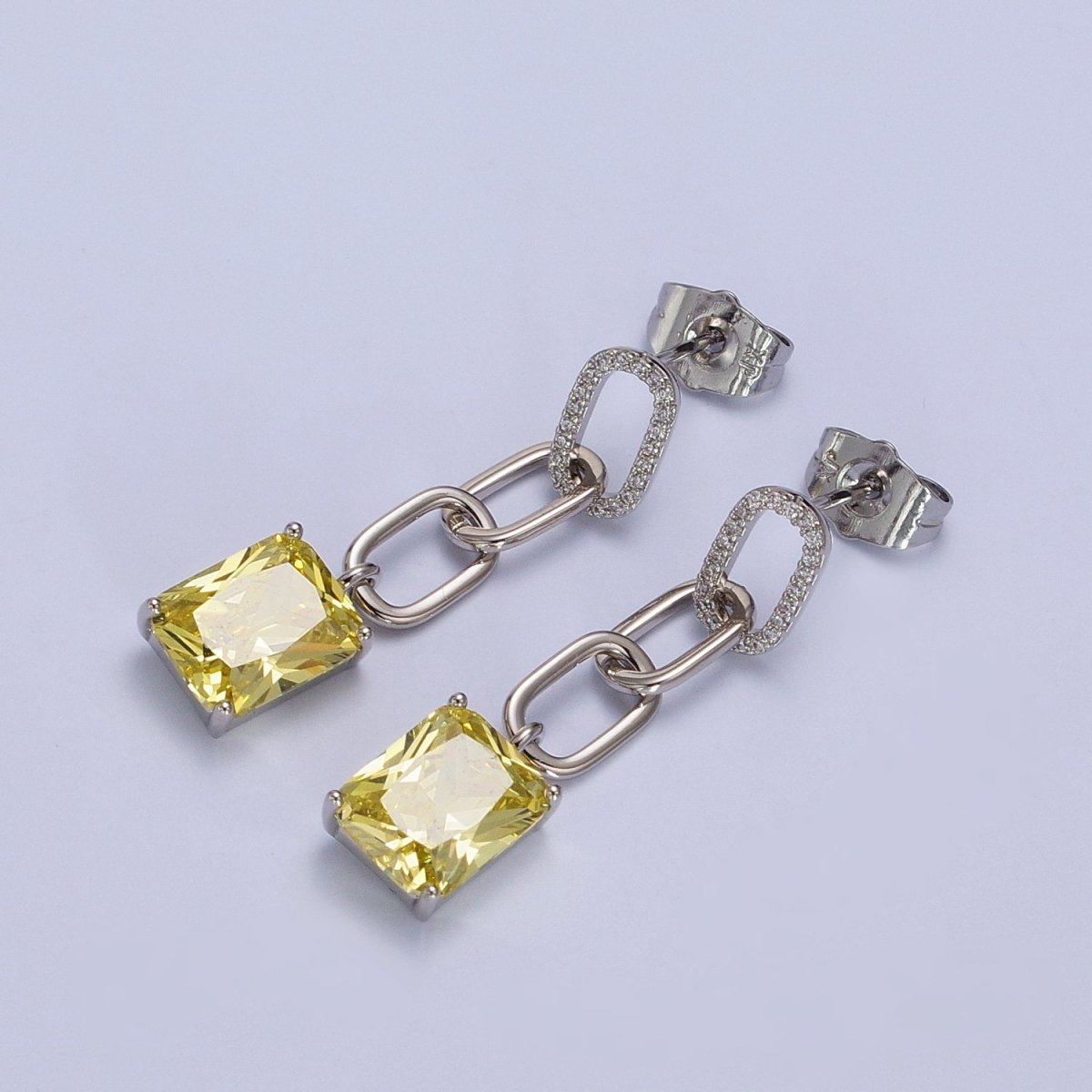 Pink, Green, Yellow, Clear Baguette CZ Paper Clip Drop Silver Stud Earrings | AB216 - AB219 - DLUXCA