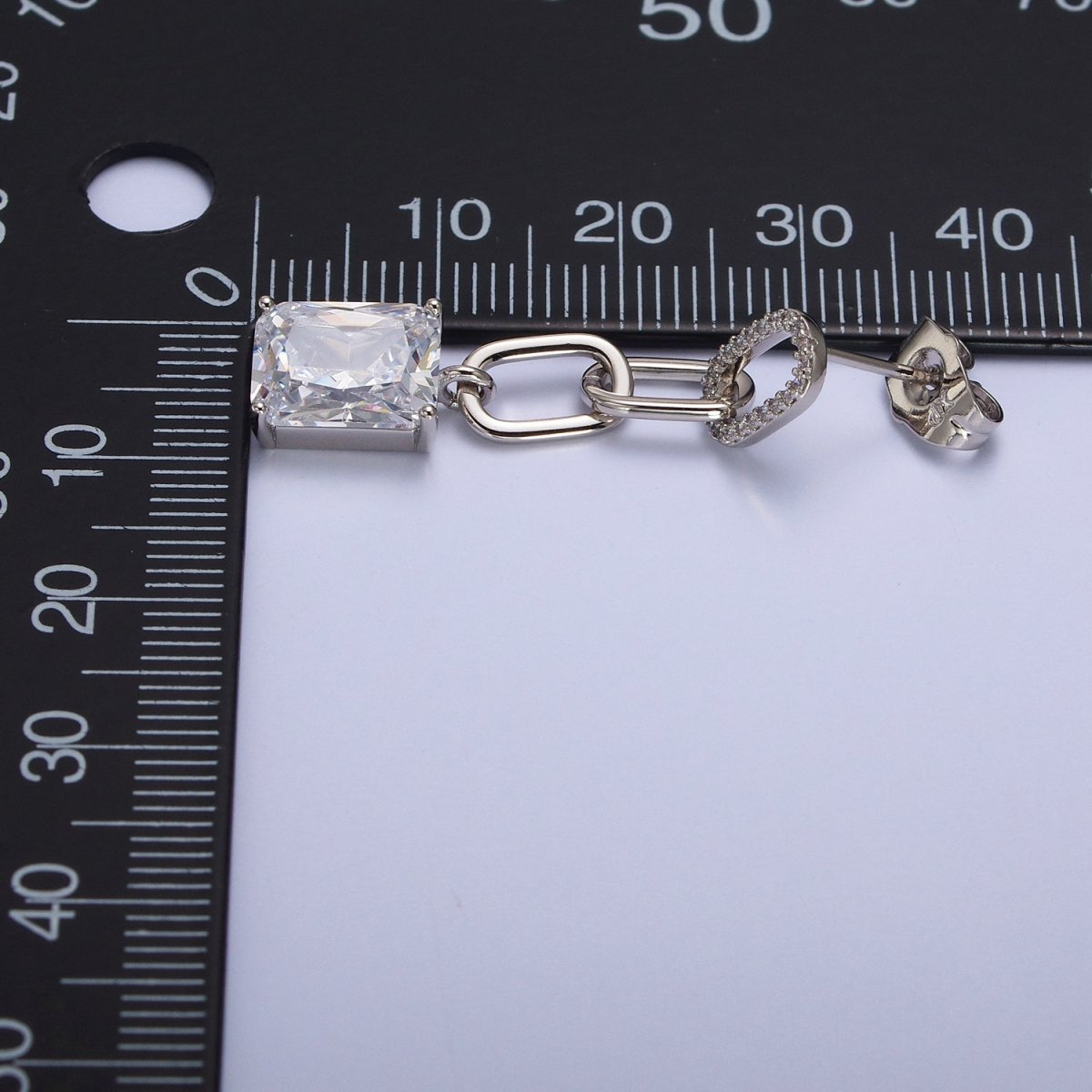 Pink, Green, Yellow, Clear Baguette CZ Paper Clip Drop Silver Stud Earrings | AB216 - AB219 - DLUXCA