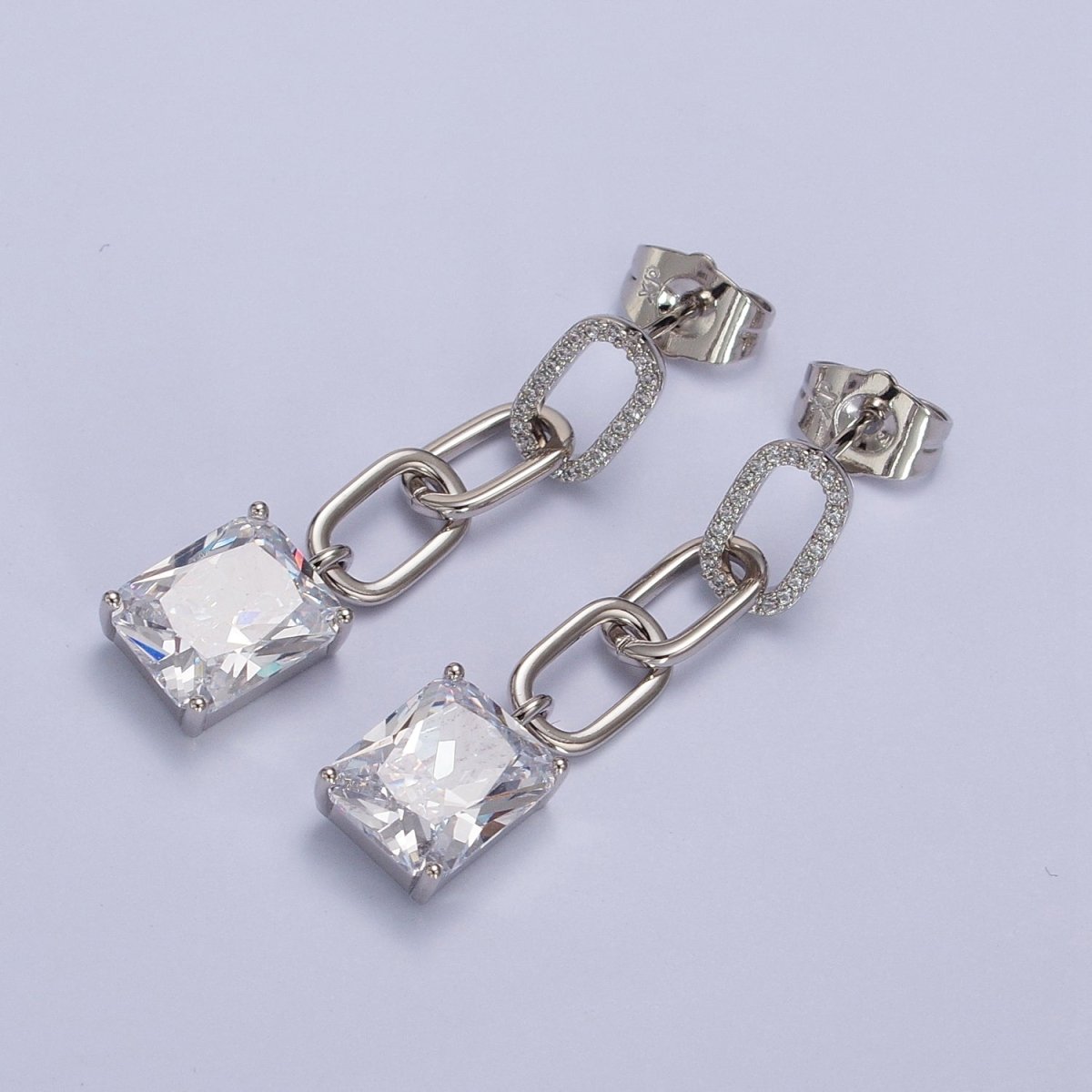 Pink, Green, Yellow, Clear Baguette CZ Paper Clip Drop Silver Stud Earrings | AB216 - AB219 - DLUXCA