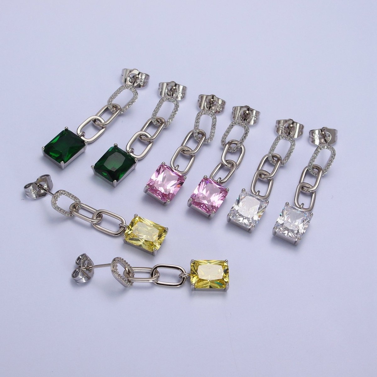 Pink, Green, Yellow, Clear Baguette CZ Paper Clip Drop Silver Stud Earrings | AB216 - AB219 - DLUXCA