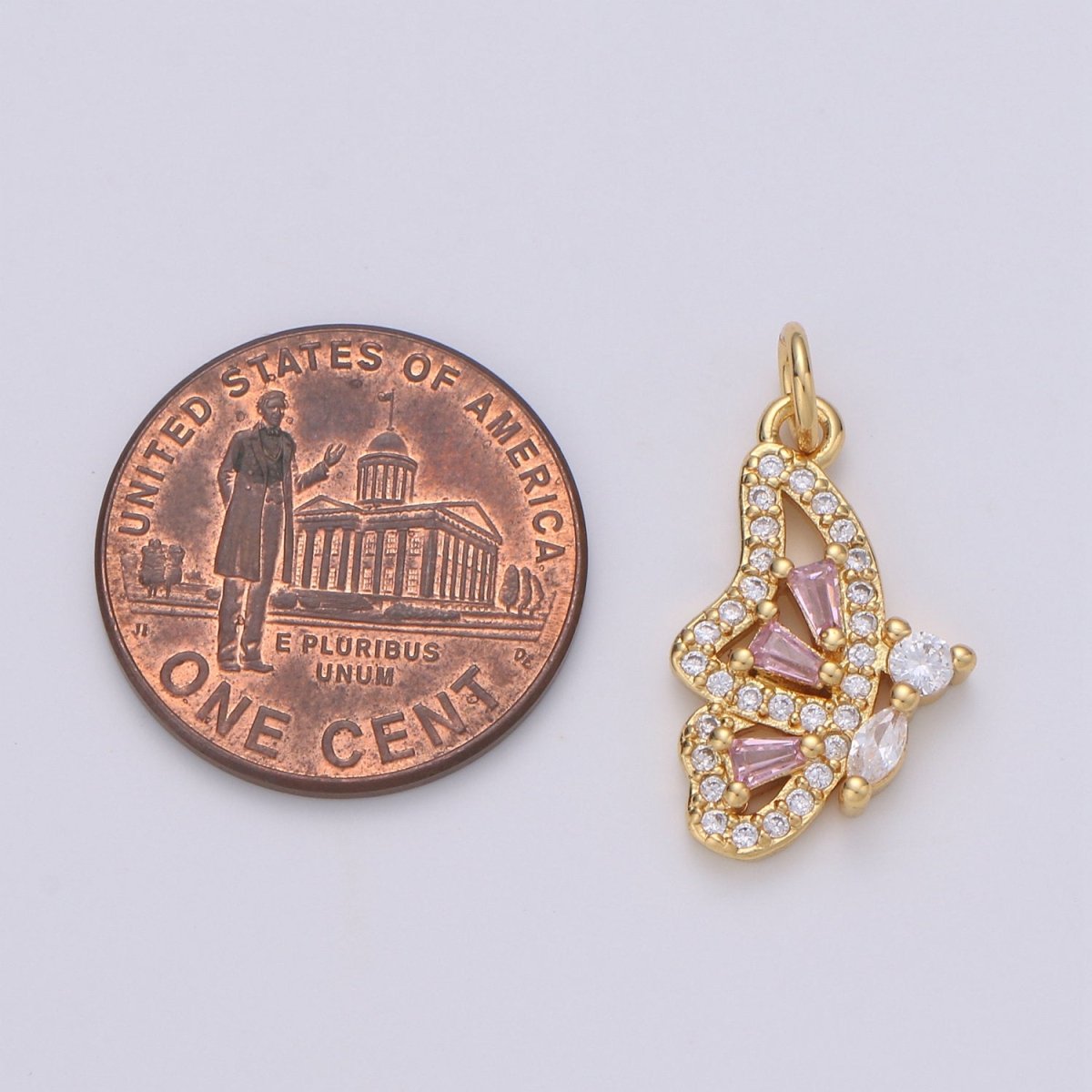 Pink Mariposa Butterfly Charm Micro Pave Cz Butterfly Charm Cubic Pendant for Necklace Component Real Gold Plated Tarnish Free, D-610 - DLUXCA