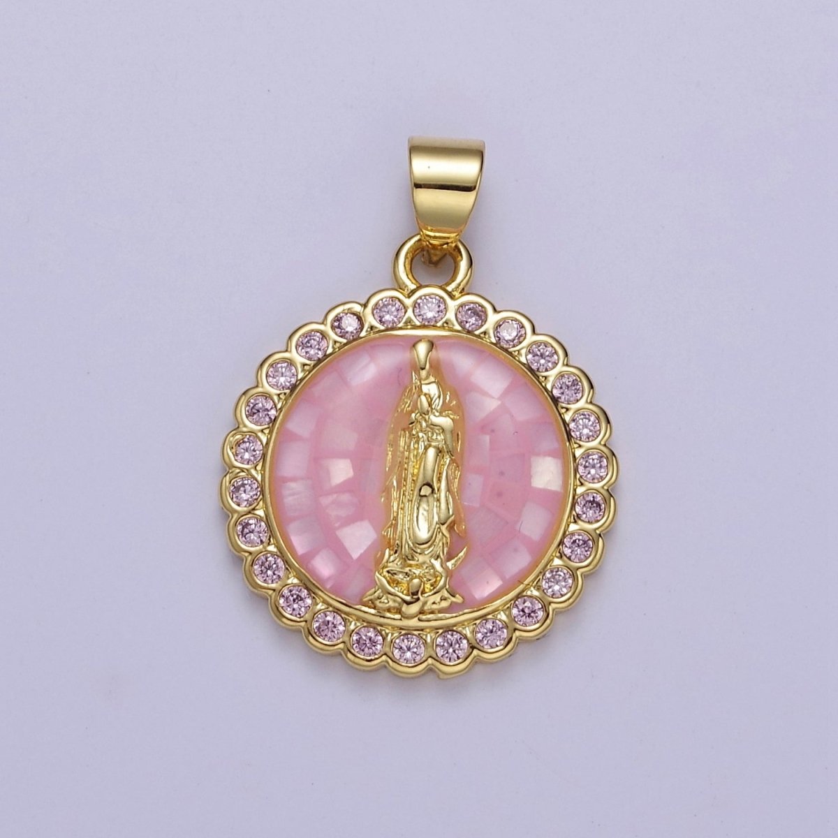 Pink Opal Lady Guadalupe Charm for Necklace, Dainty Coin Virgin Mary Pendant for Religious Jewelry Making Supply in Gold Filled J-494 J-495 J-505 J-509 - DLUXCA