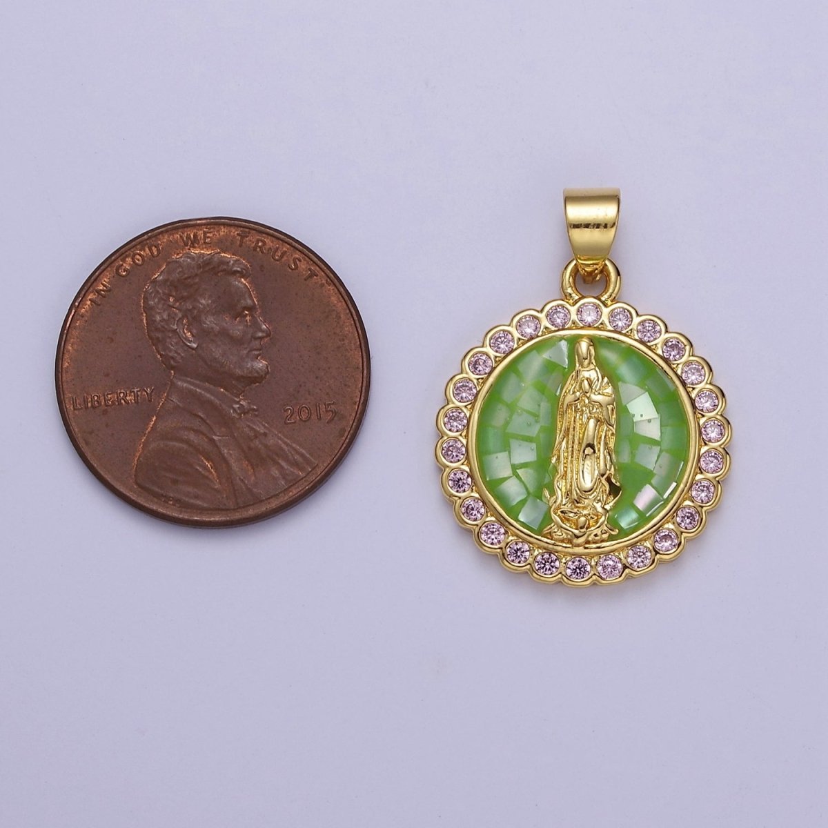 Pink Opal Lady Guadalupe Charm for Necklace, Dainty Coin Virgin Mary Pendant for Religious Jewelry Making Supply in Gold Filled J-494 J-495 J-505 J-509 - DLUXCA