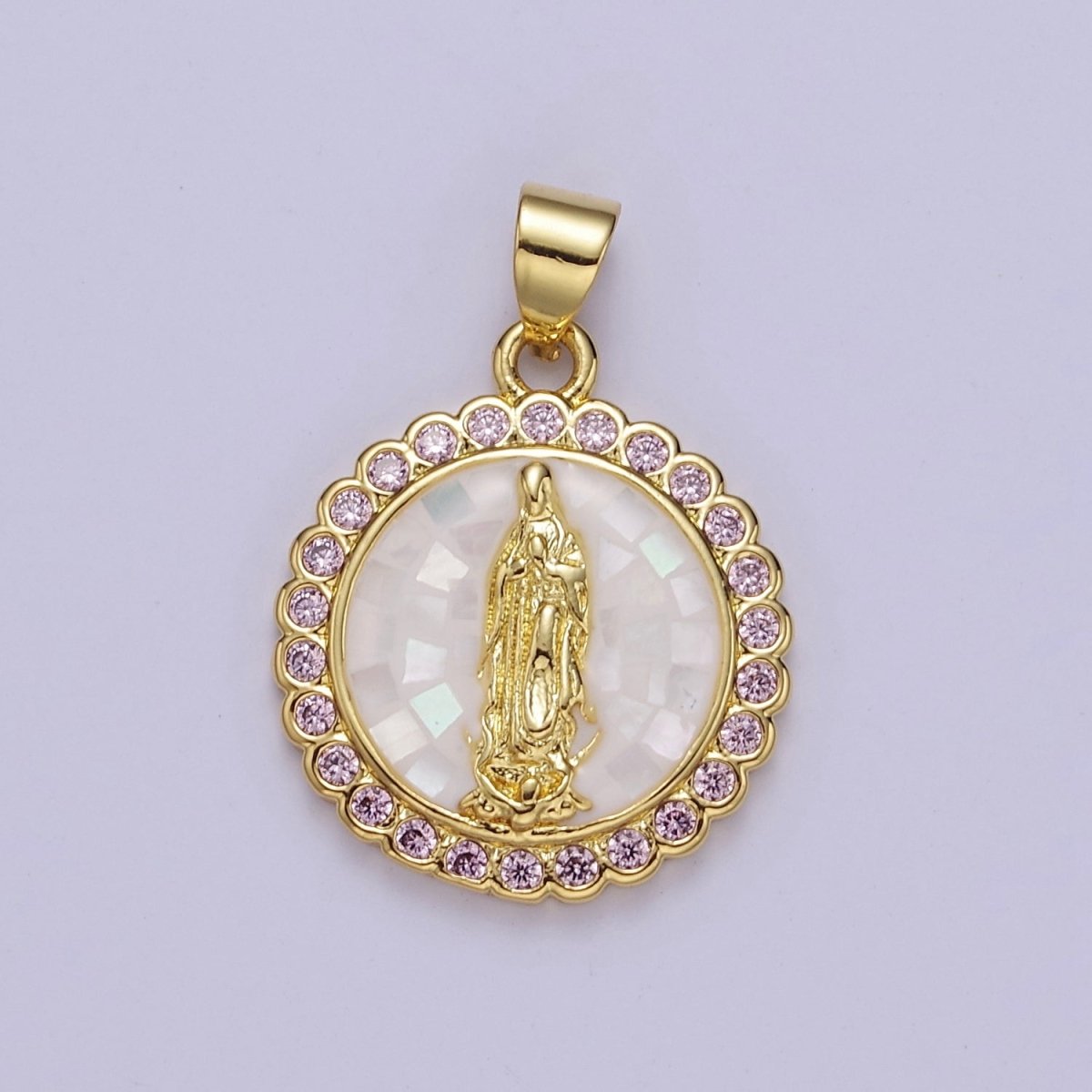 Pink Opal Lady Guadalupe Charm for Necklace, Dainty Coin Virgin Mary Pendant for Religious Jewelry Making Supply in Gold Filled J-494 J-495 J-505 J-509 - DLUXCA
