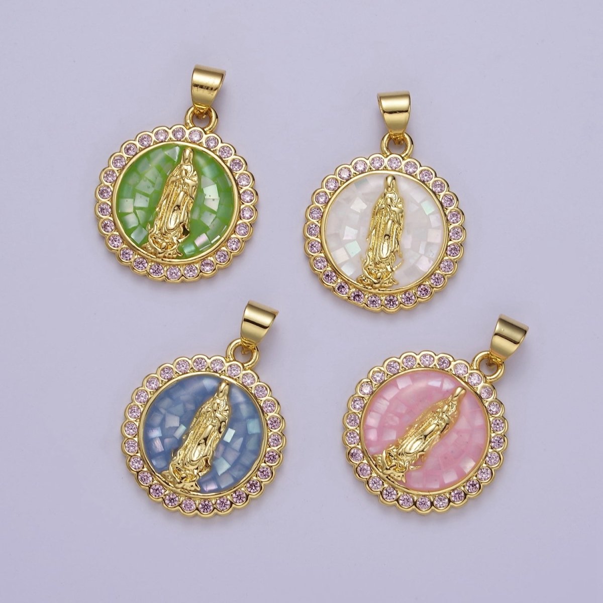 Pink Opal Lady Guadalupe Charm for Necklace, Dainty Coin Virgin Mary Pendant for Religious Jewelry Making Supply in Gold Filled J-494 J-495 J-505 J-509 - DLUXCA