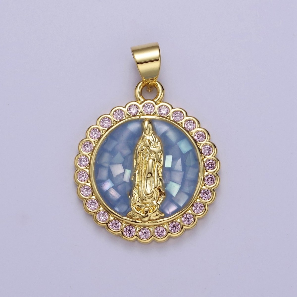 Pink Opal Lady Guadalupe Charm for Necklace, Dainty Coin Virgin Mary Pendant for Religious Jewelry Making Supply in Gold Filled J-494 J-495 J-505 J-509 - DLUXCA