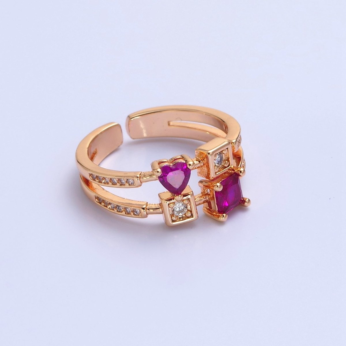 Pink Square Heart Ring Double Band Gold Band Ring O-2235 O-2236 - DLUXCA