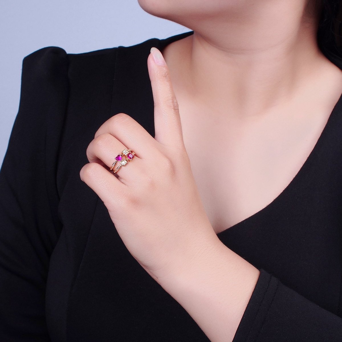 Pink Square Heart Ring Double Band Gold Band Ring O-2235 O-2236 - DLUXCA