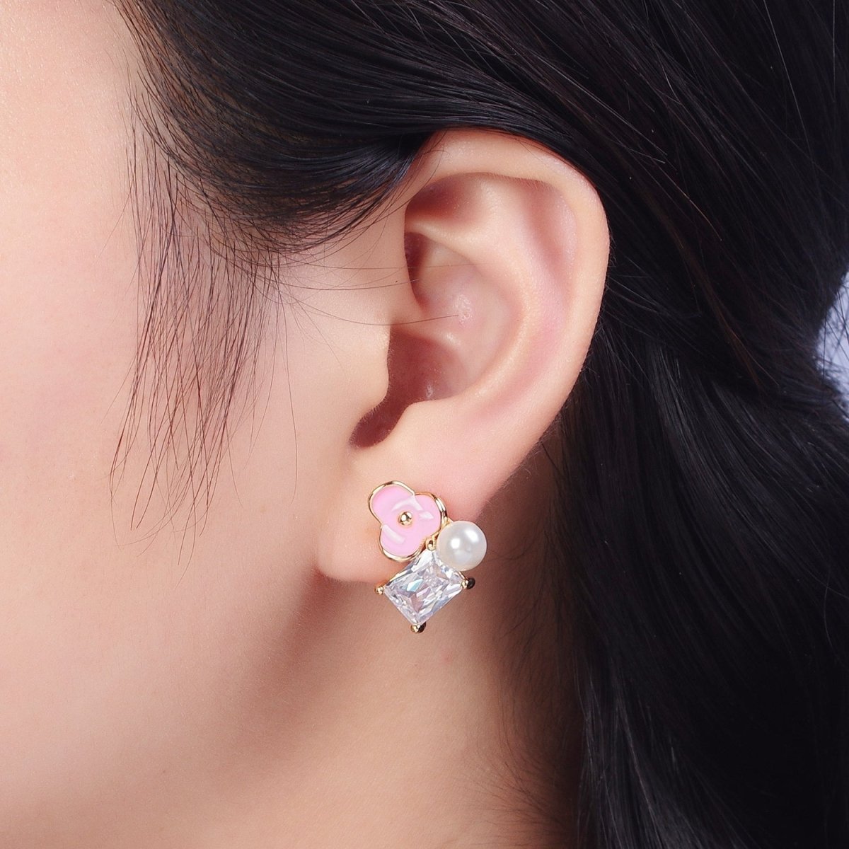 Pink, White Flower Pearl Clear CZ Baguette Stud Earrings Set | AE1027 AE1028 - DLUXCA