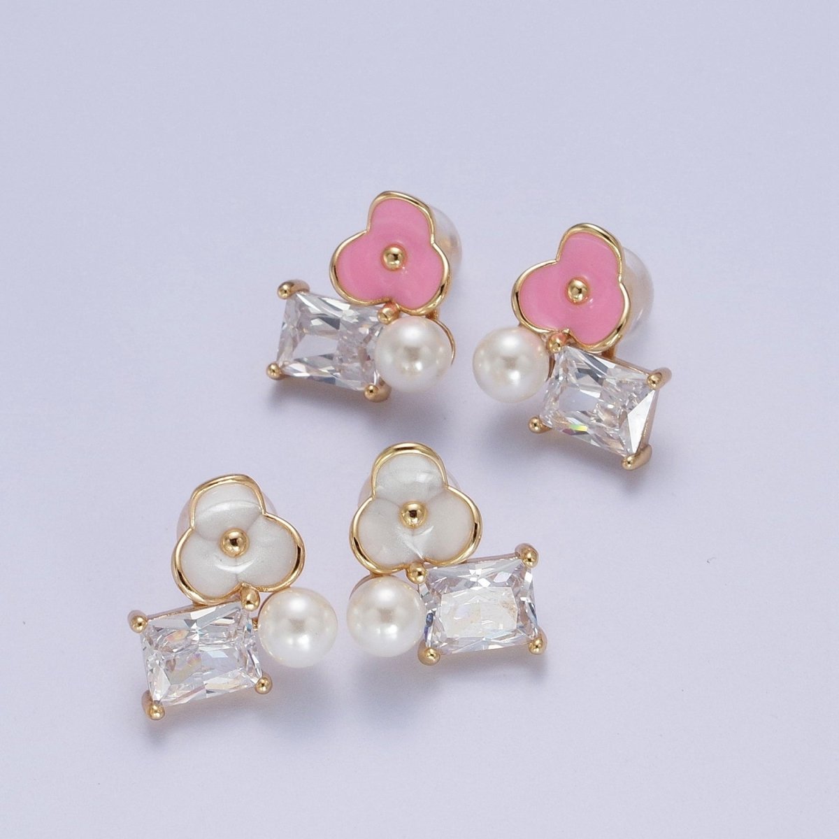 Pink, White Flower Pearl Clear CZ Baguette Stud Earrings Set | AE1027 AE1028 - DLUXCA