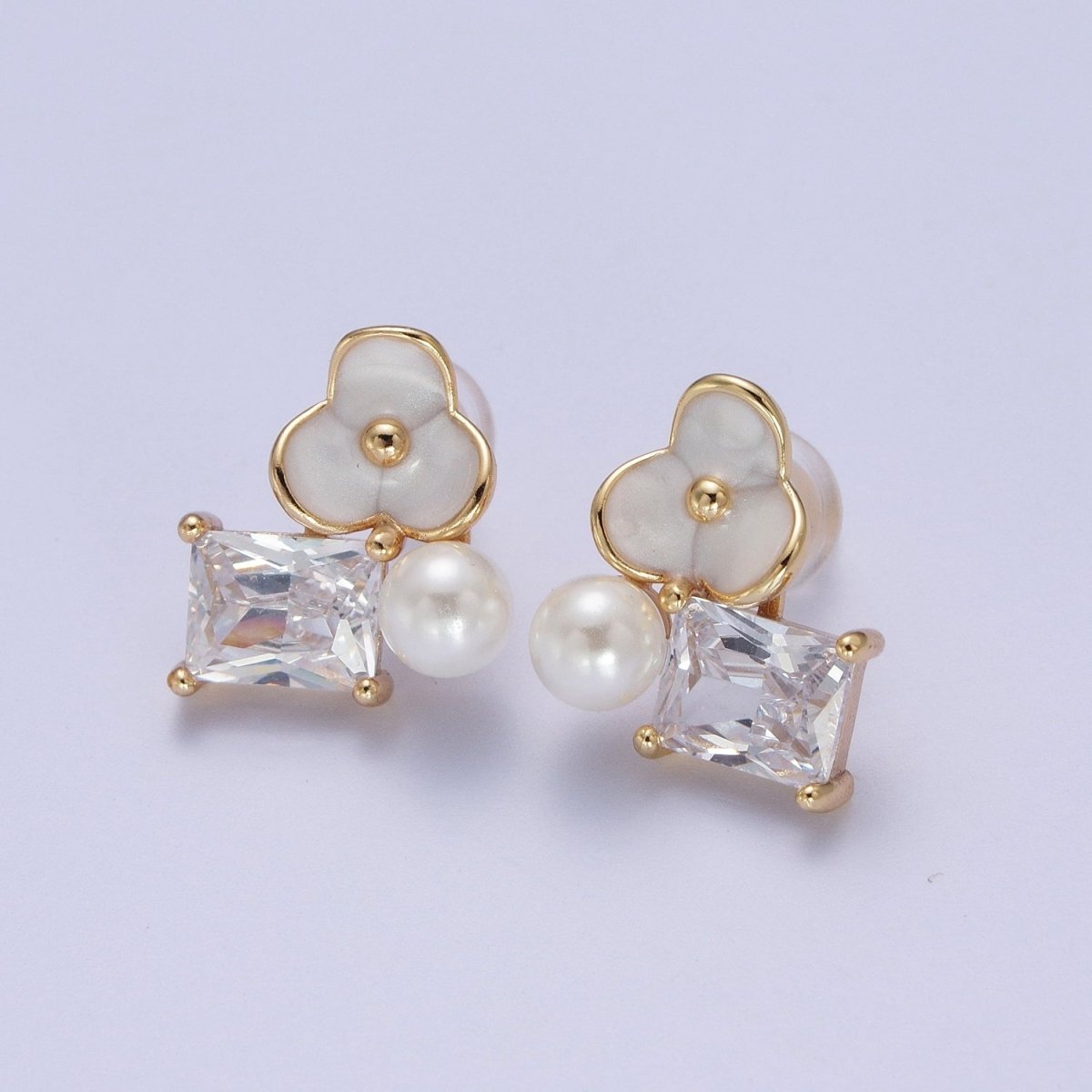 Pink, White Flower Pearl Clear CZ Baguette Stud Earrings Set | AE1027 AE1028 - DLUXCA