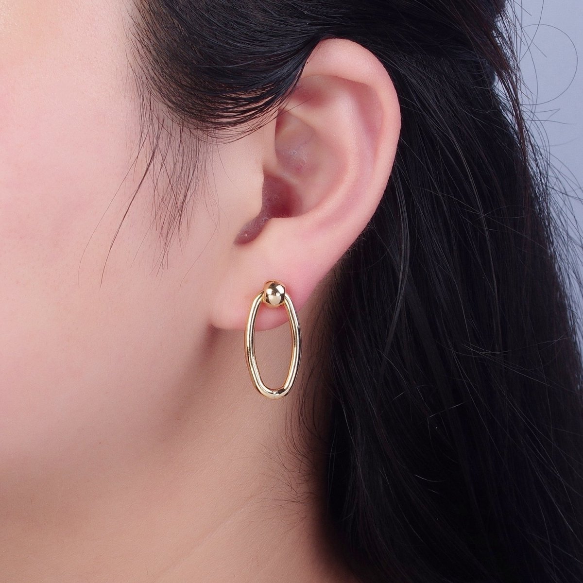 Post Earrings, Gold Hoop Earrings, Post with Hoop, Oval Hoop Earring V-391 - DLUXCA