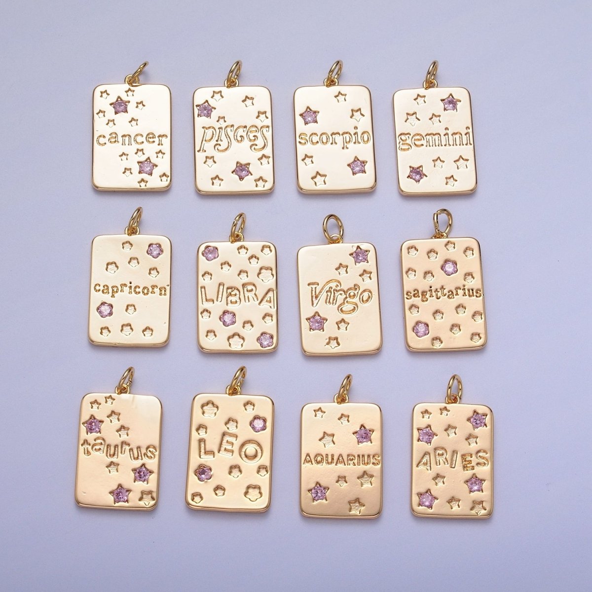 Pretty Gold Zodiac Cham Square Tag Horoscope Charm with Pink Cz Star | A-267-A-278 - DLUXCA