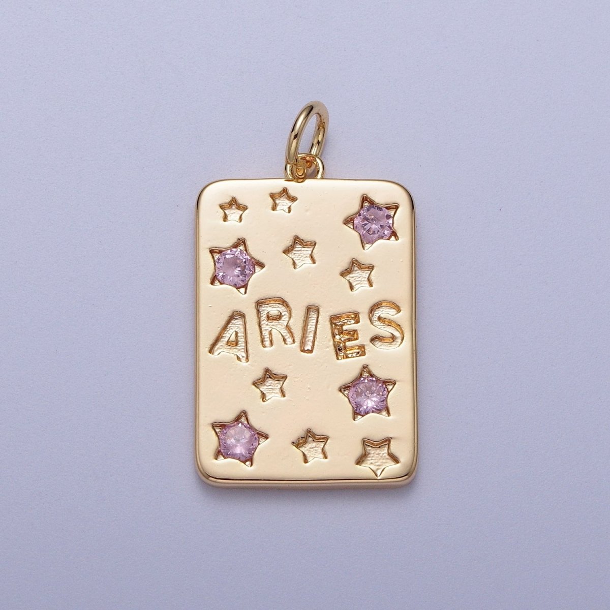 Pretty Gold Zodiac Cham Square Tag Horoscope Charm with Pink Cz Star | A-267-A-278 - DLUXCA