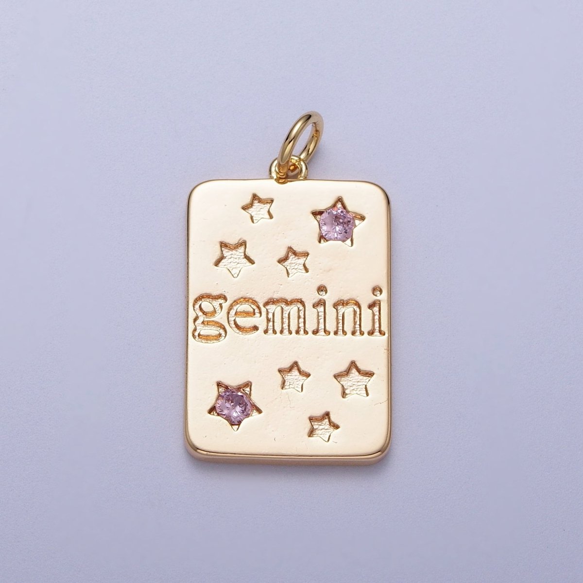 Pretty Gold Zodiac Cham Square Tag Horoscope Charm with Pink Cz Star | A-267-A-278 - DLUXCA