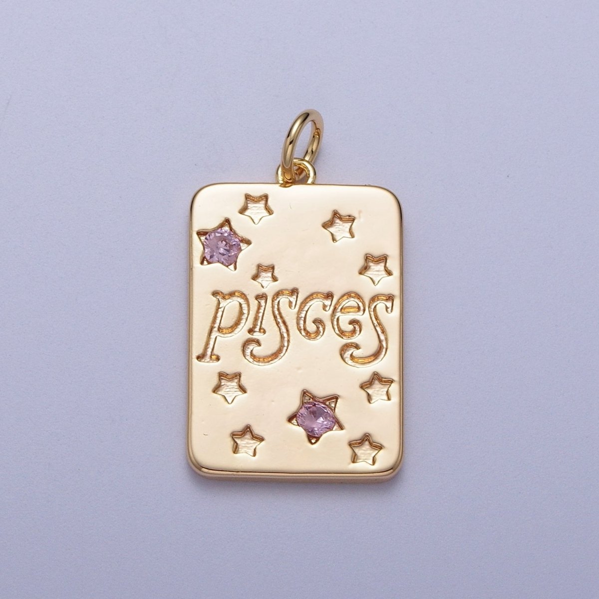 Pretty Gold Zodiac Cham Square Tag Horoscope Charm with Pink Cz Star | A-267-A-278 - DLUXCA