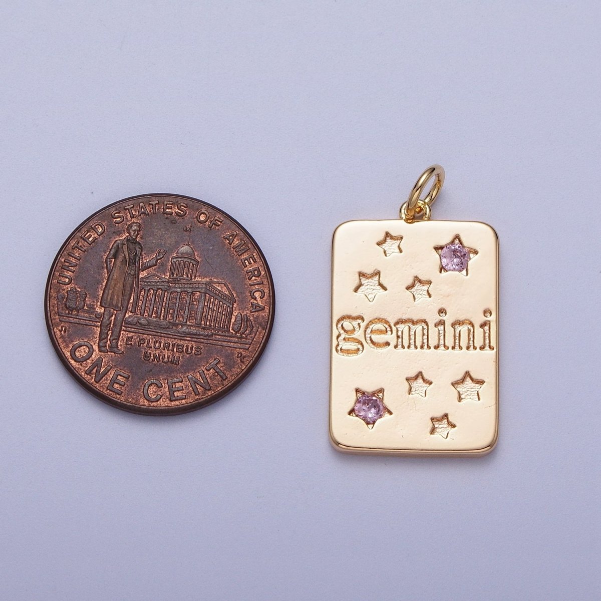 Pretty Gold Zodiac Cham Square Tag Horoscope Charm with Pink Cz Star | A-267-A-278 - DLUXCA