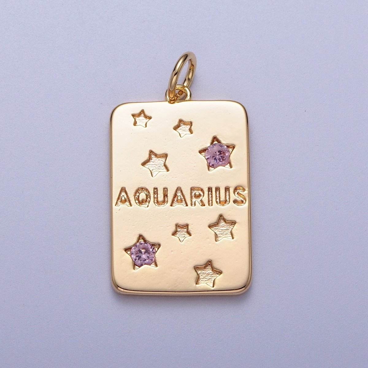 Pretty Gold Zodiac Cham Square Tag Horoscope Charm with Pink Cz Star | A-267-A-278 - DLUXCA