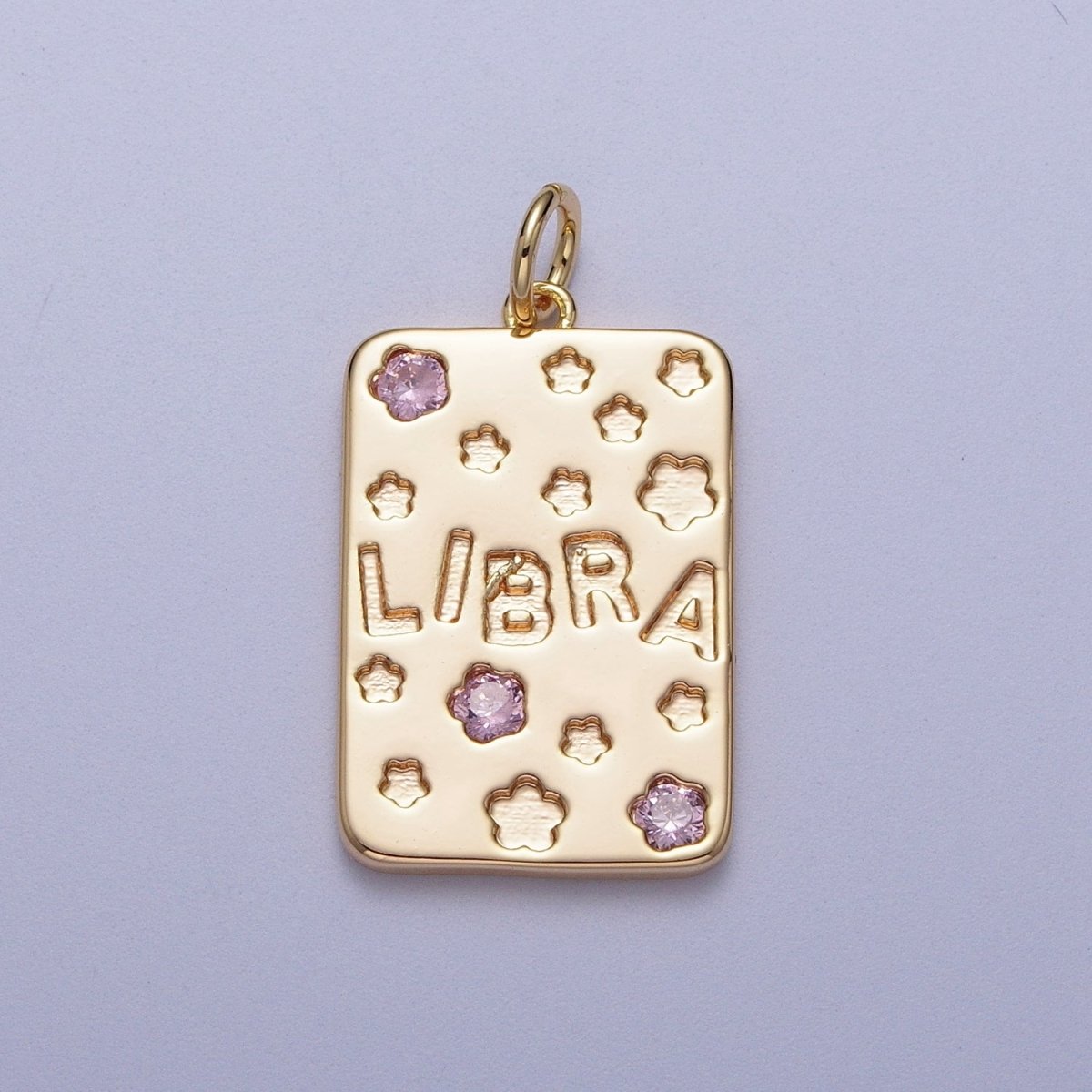 Pretty Gold Zodiac Cham Square Tag Horoscope Charm with Pink Cz Star | A-267-A-278 - DLUXCA