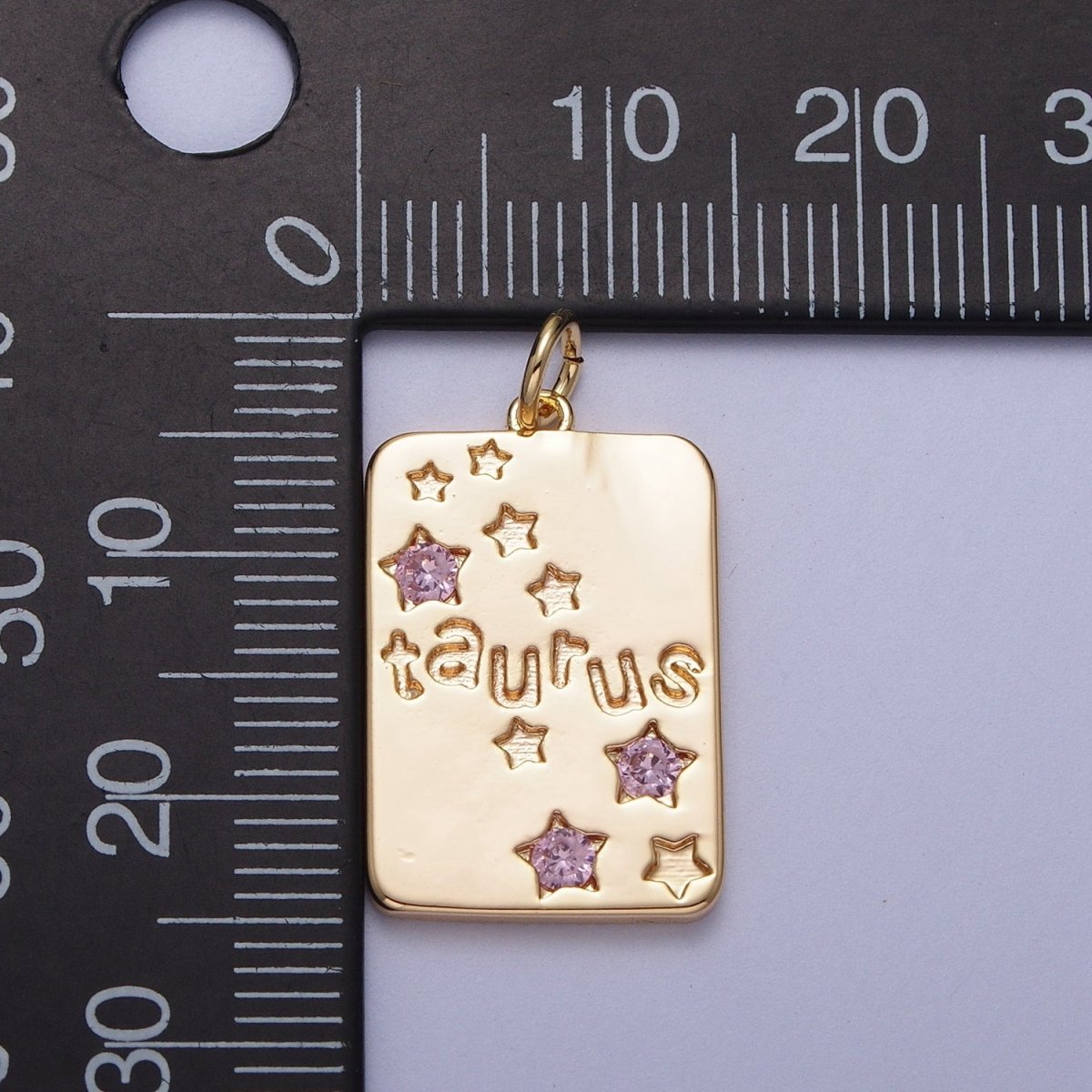 Pretty Gold Zodiac Cham Square Tag Horoscope Charm with Pink Cz Star | A-267-A-278 - DLUXCA