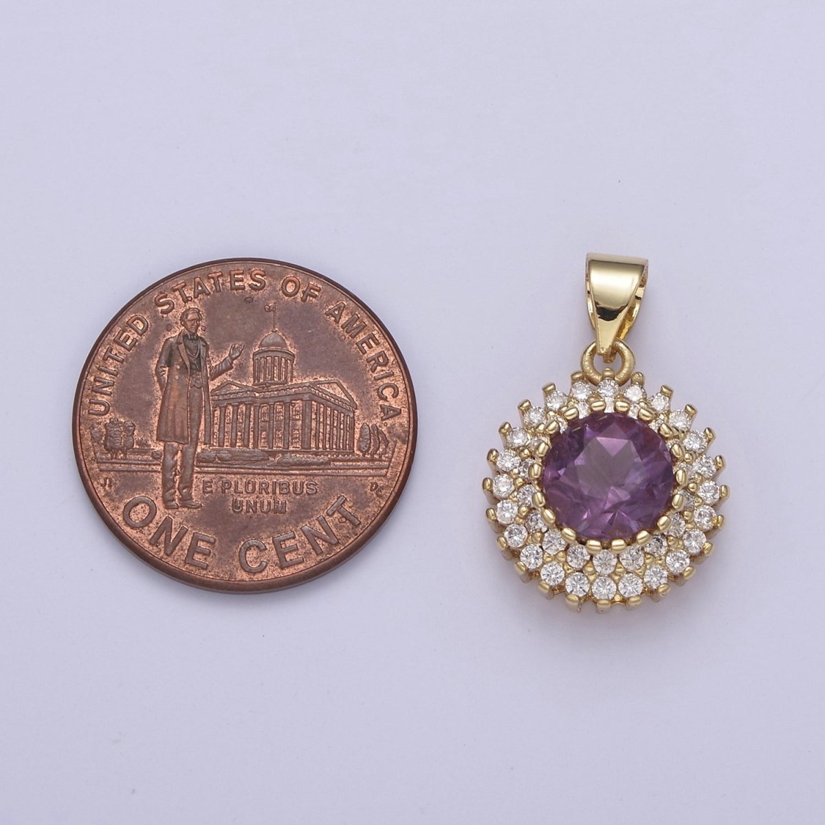 Purple Amethyst Round Charm with Clear Cubic Zircon Pendant for Minimalist Jewelry Gemstone H-835 - DLUXCA