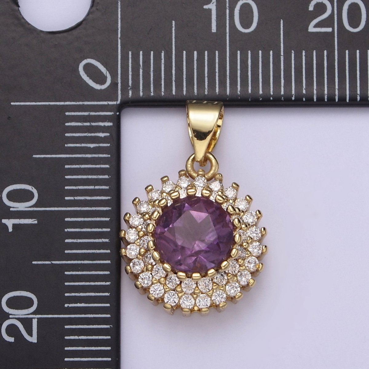 Purple Amethyst Round Charm with Clear Cubic Zircon Pendant for Minimalist Jewelry Gemstone H-835 - DLUXCA