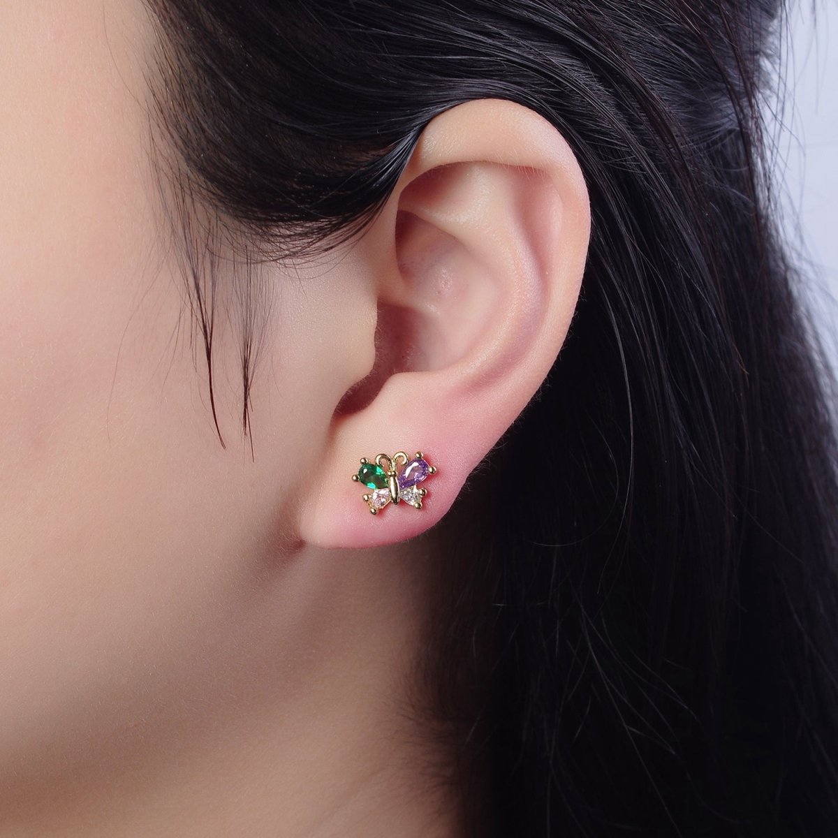 Purple Emerald Green Cz Butterfly Stud Earring Mariposa Jewelry V-110 - DLUXCA