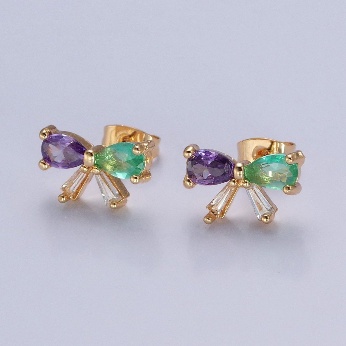 Purple Green CZ Bow Stud Earring Gold Ribbon Earring T-522 - DLUXCA