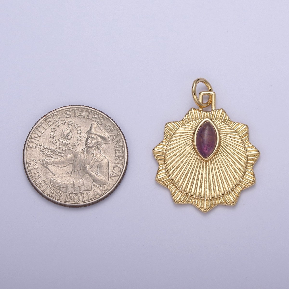 Radial Sun Token Medallion Charm Pendant for Necklace with Amethyst Gemstone N-399 - DLUXCA