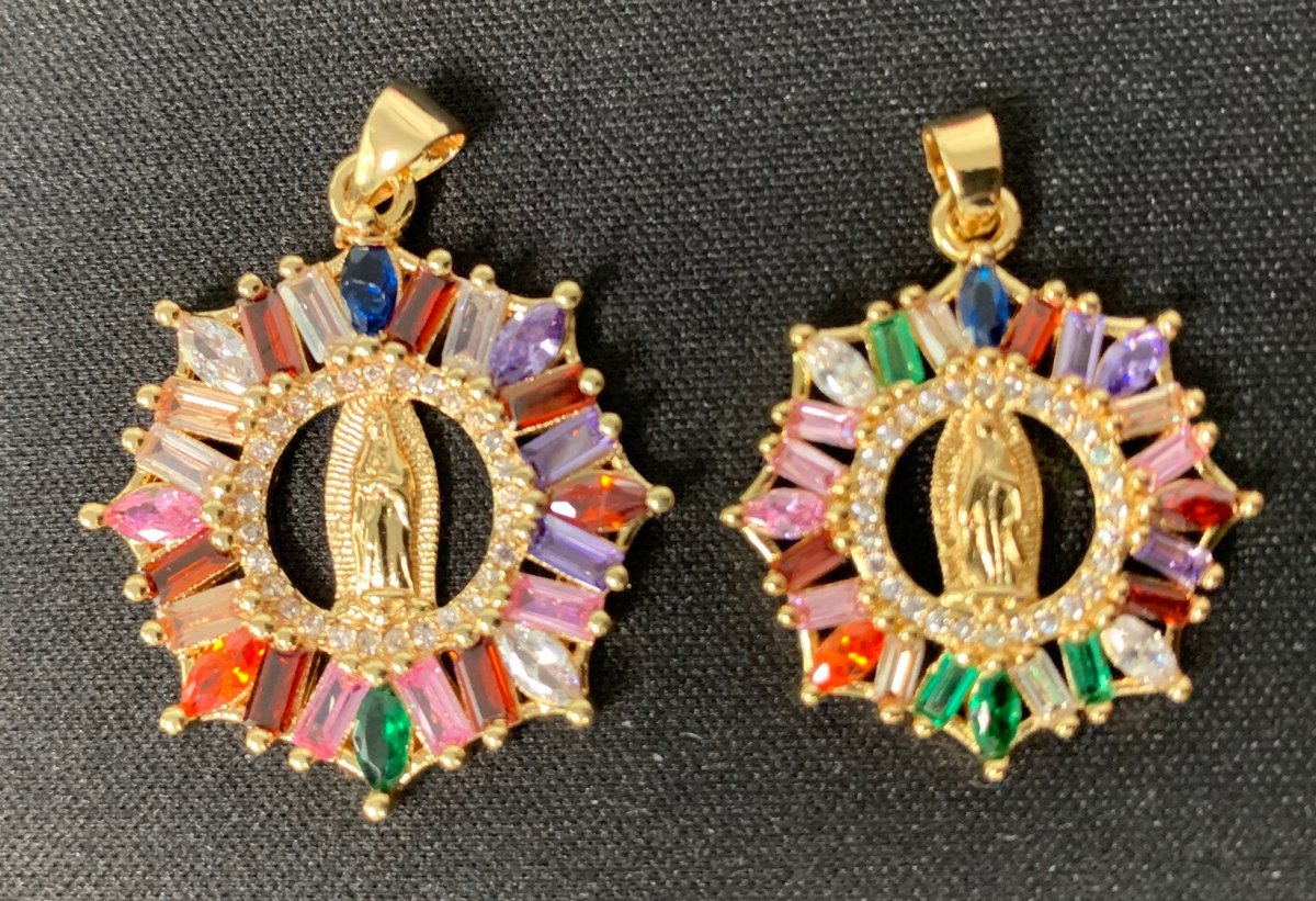 Rainbow 24K Gold Filled CZ Virgin Mary Pendant, Lady Guadalupe Baguette Charm, Mother of Jesus Medallion, Rosary Charm Religious Jewelry J-088 I-882 - DLUXCA