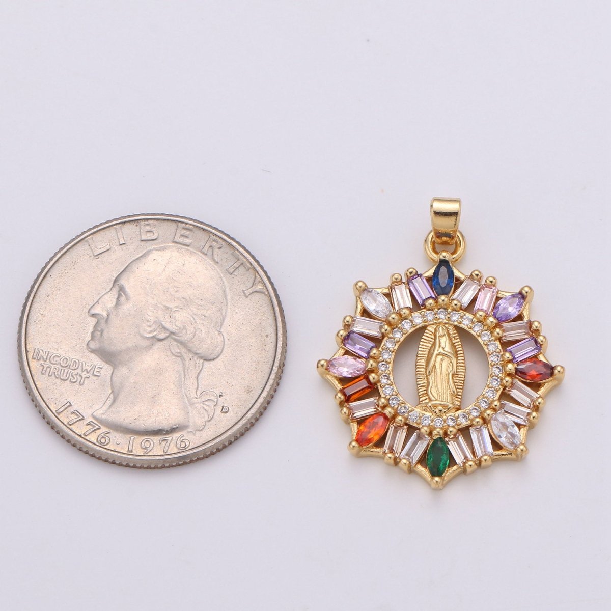 Rainbow 24K Gold Filled CZ Virgin Mary Pendant, Lady Guadalupe Baguette Charm, Mother of Jesus Medallion, Rosary Charm Religious Jewelry J-088 I-882 - DLUXCA