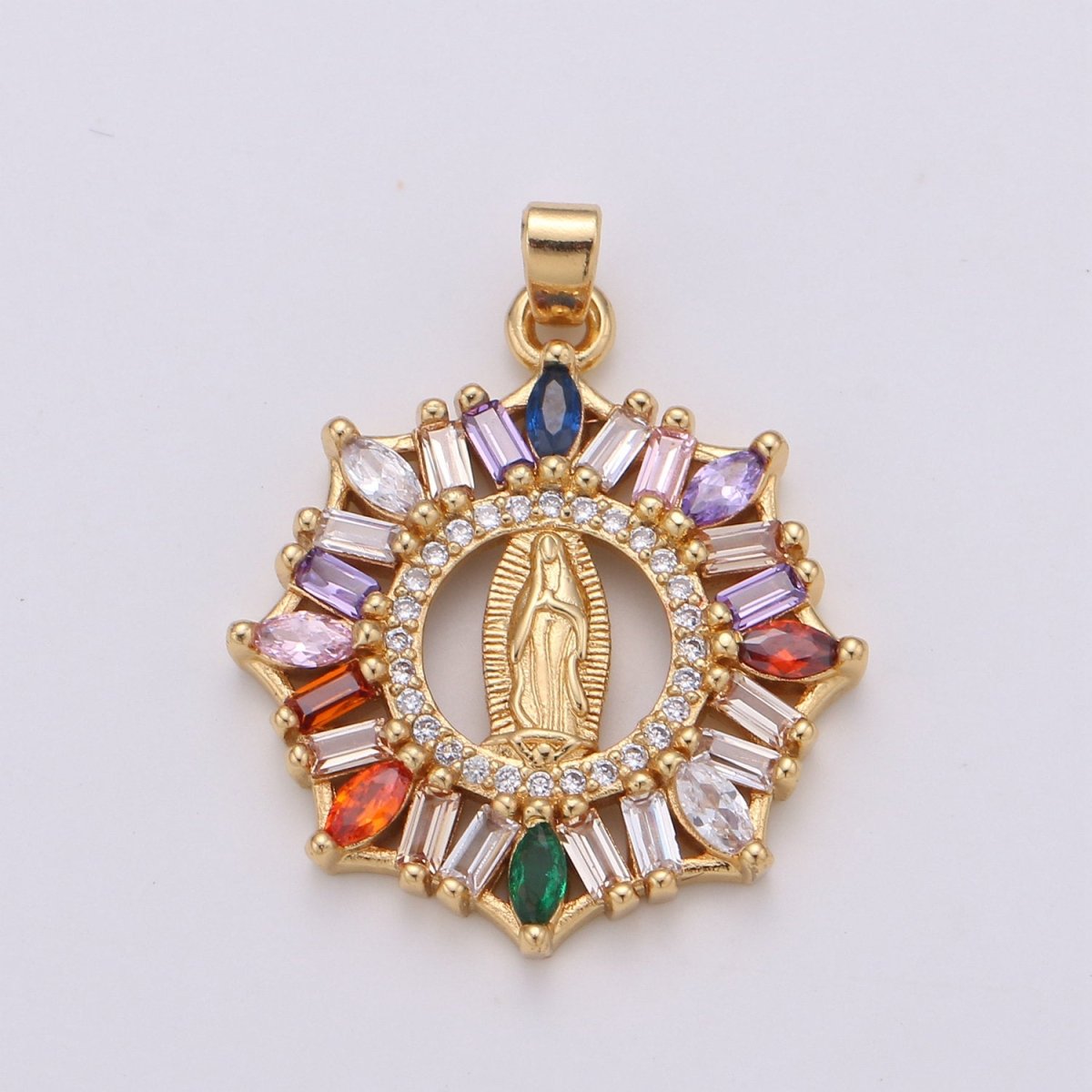 Rainbow 24K Gold Filled CZ Virgin Mary Pendant, Lady Guadalupe Baguette Charm, Mother of Jesus Medallion, Rosary Charm Religious Jewelry J-088 I-882 - DLUXCA