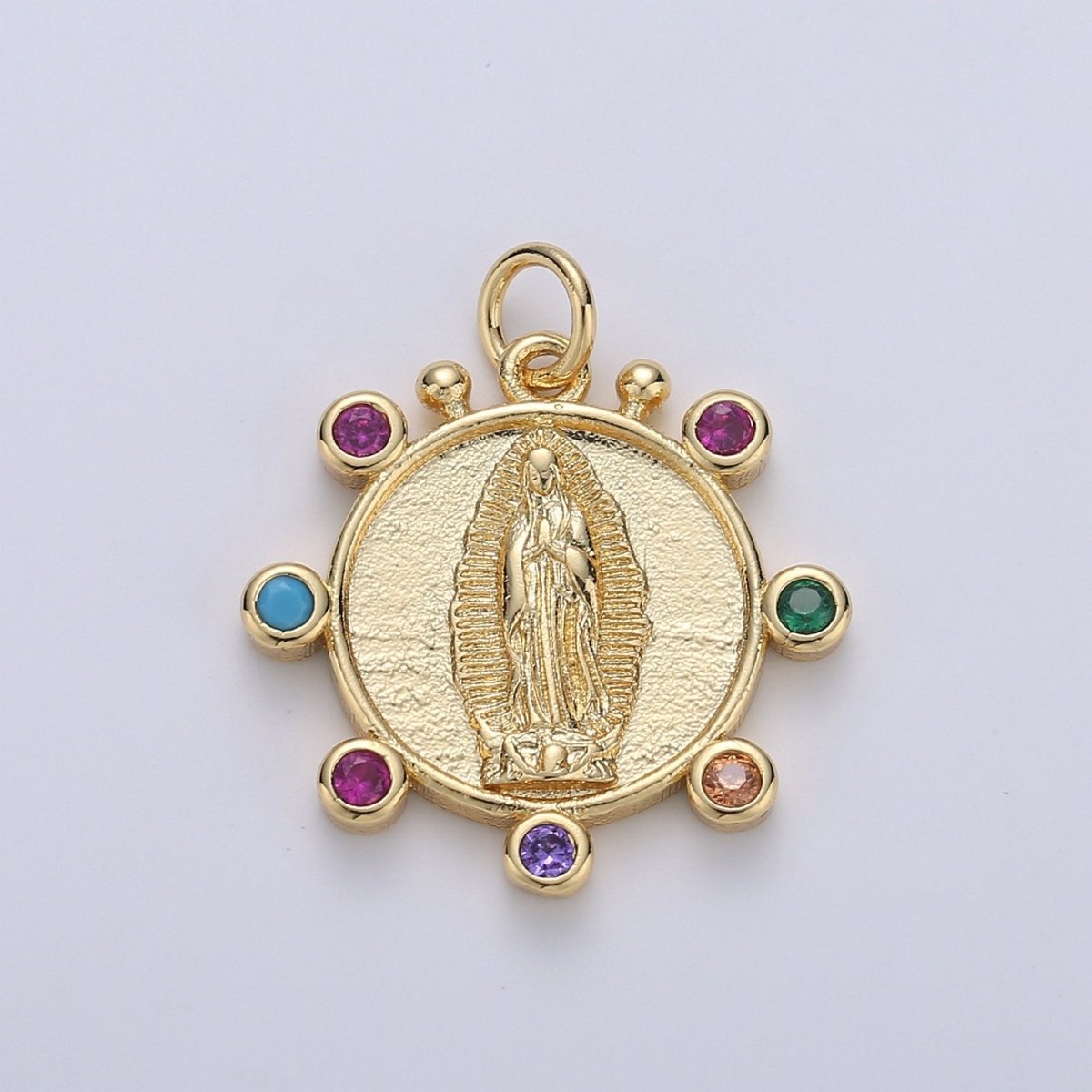 Rainbow 24K Gold Filled CZ Virgin Mary Pendant, Lady Guadalupe Round Disc Charm Mary Medallion, Rosary Charm Religious Jewelry D-685 - DLUXCA